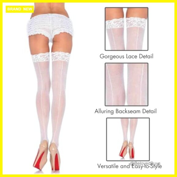 Sheer Lace Top Thigh High Stockings with Backseam One Size - Picture 3 of 4